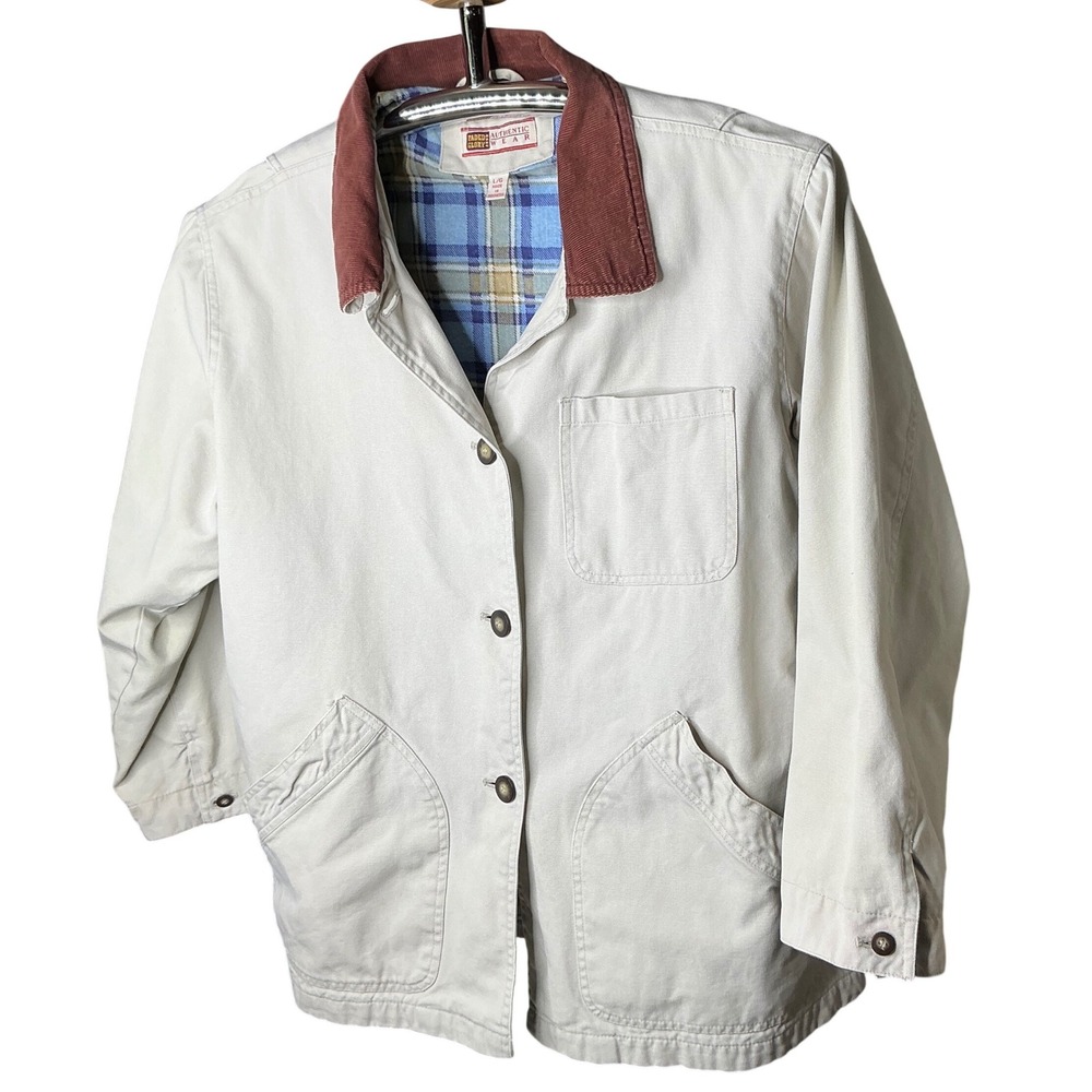 Faded Glory Cream Canvas Barn Jacket Plaid Lined Corduroy Collar Large Western